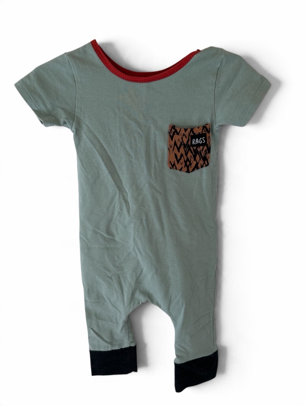 Rags to Raches Sage Green Short-Sleeve One-Piece with Red Trim
